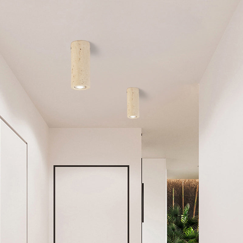 Modern Minimalist Cylindrical Yellow Travertine Iron 1-Light Flush Mount Ceiling Light For Entryway