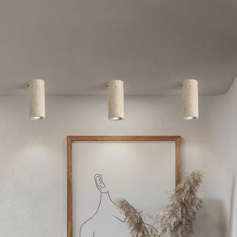 Modern Minimalist Cylindrical Yellow Travertine Iron 1-Light Flush Mount Ceiling Light For Entryway