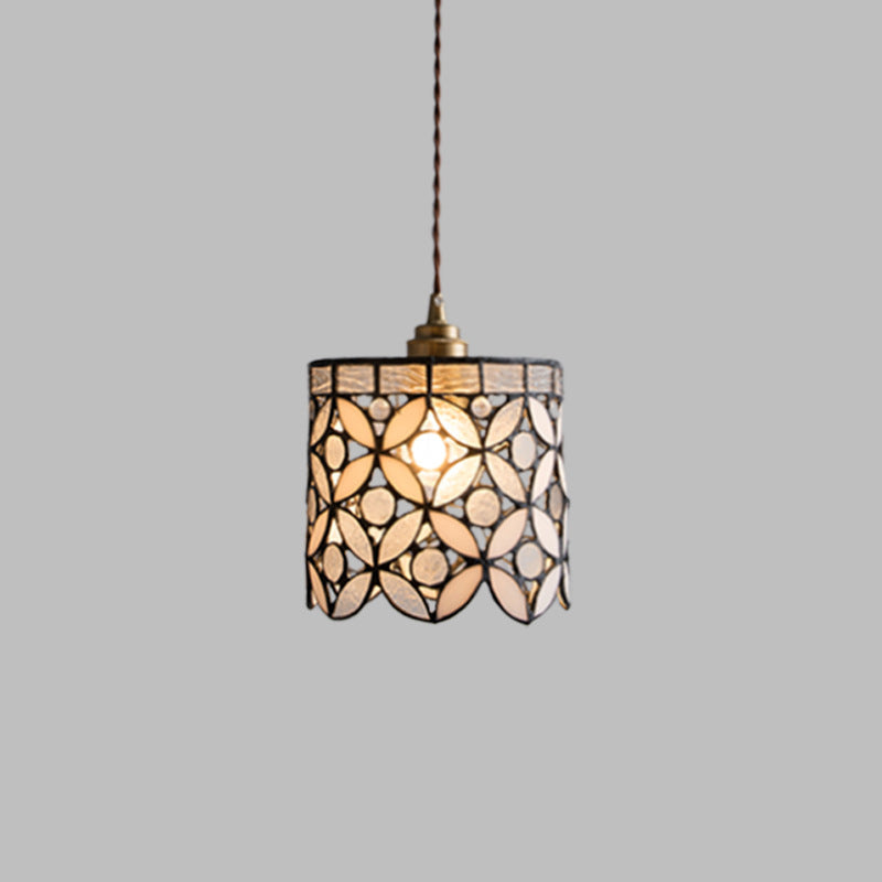 Contemporary Nordic Cylindrical Hollowed-Out Flower Copper Glass 1-Light Pendant Light For Living Room
