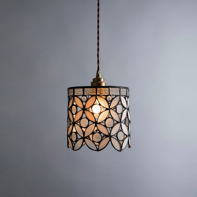 Contemporary Nordic Cylindrical Hollowed-Out Flower Copper Glass 1-Light Pendant Light For Living Room