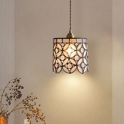Contemporary Nordic Cylindrical Hollowed-Out Flower Copper Glass 1-Light Pendant Light For Living Room