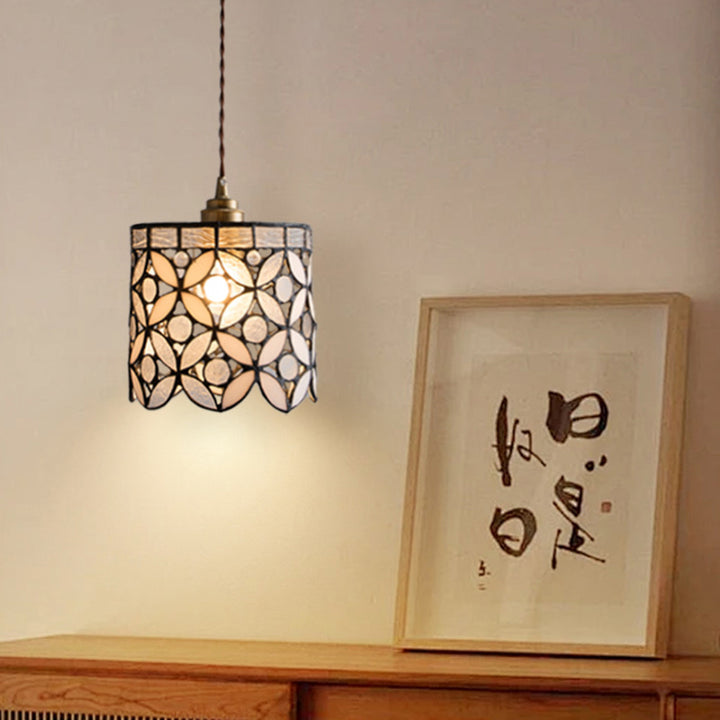 Contemporary Nordic Cylindrical Hollowed-Out Flower Copper Glass 1-Light Pendant Light For Living Room