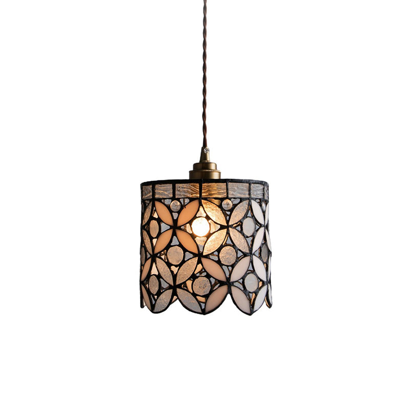 Contemporary Nordic Cylindrical Hollowed-Out Flower Copper Glass 1-Light Pendant Light For Living Room