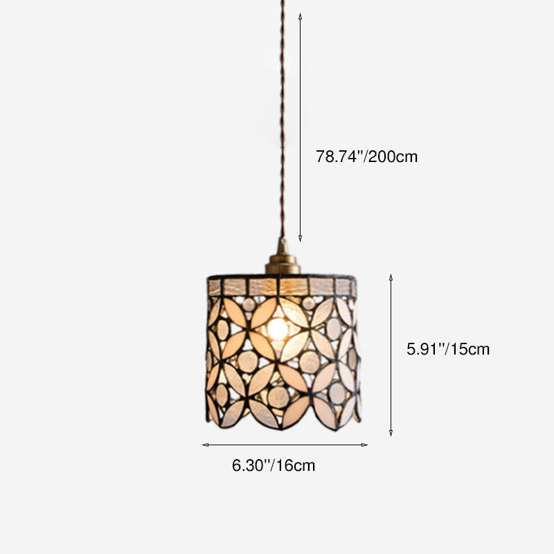 Contemporary Nordic Cylindrical Hollowed-Out Flower Copper Glass 1-Light Pendant Light For Living Room