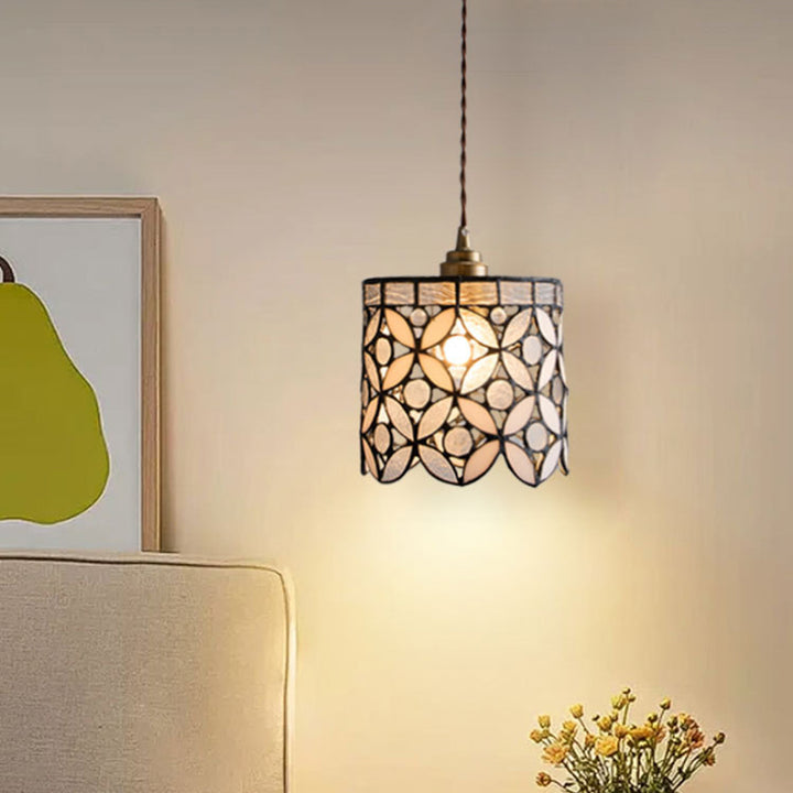 Contemporary Nordic Cylindrical Hollowed-Out Flower Copper Glass 1-Light Pendant Light For Living Room