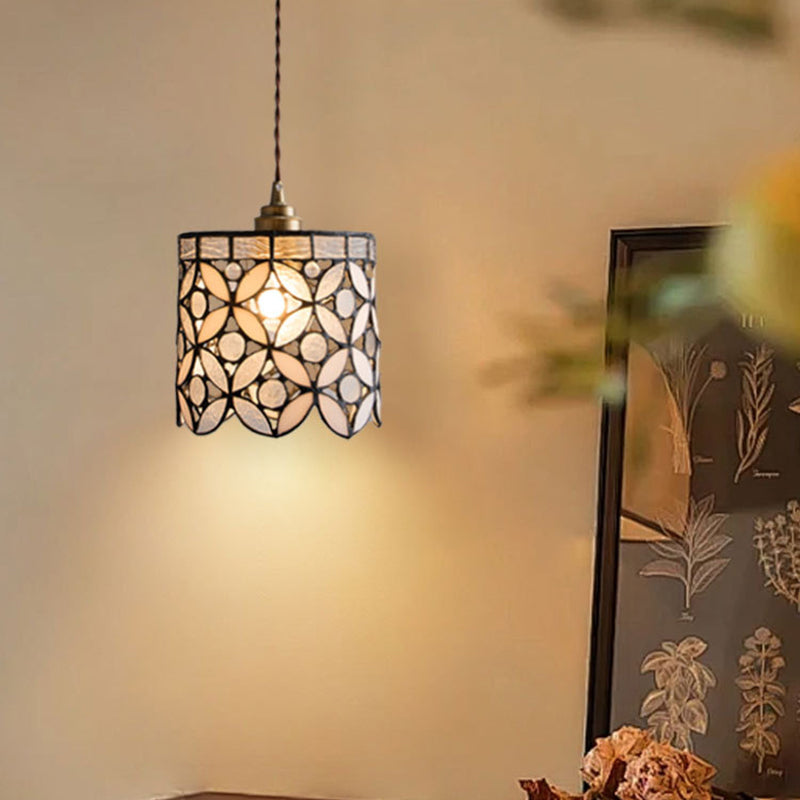 Contemporary Nordic Cylindrical Hollowed-Out Flower Copper Glass 1-Light Pendant Light For Living Room