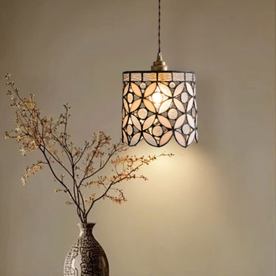 Contemporary Nordic Cylindrical Hollowed-Out Flower Copper Glass 1-Light Pendant Light For Living Room