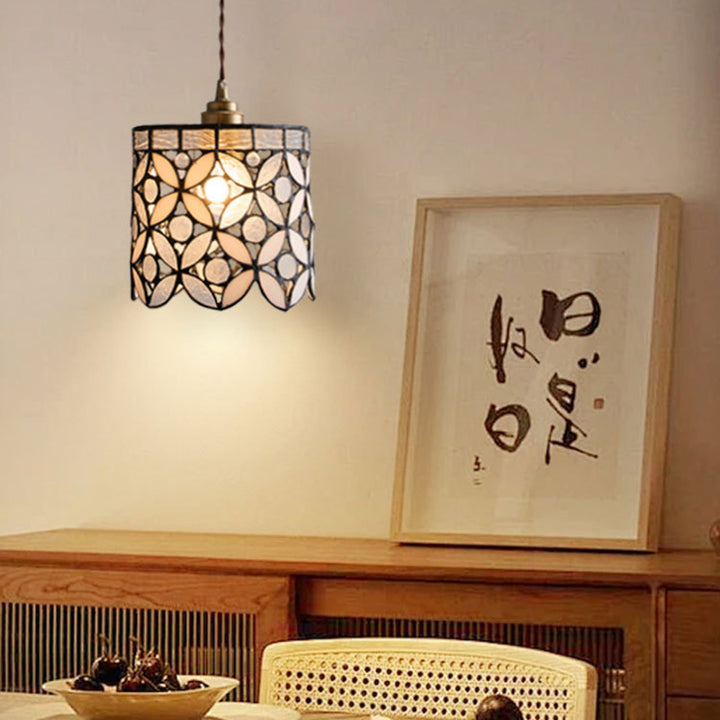 Contemporary Nordic Cylindrical Hollowed-Out Flower Copper Glass 1-Light Pendant Light For Living Room