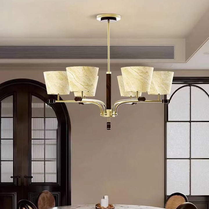 Traditional Vintage Bowl-Shaped Brass Walnut Fabric 6/8/10-Light Chandelier For Living Room