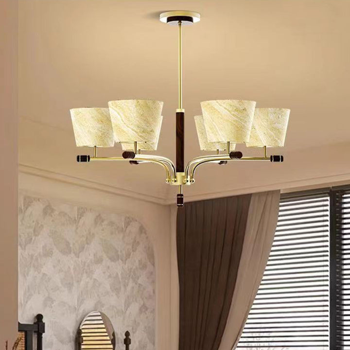 Traditional Vintage Bowl-Shaped Brass Walnut Fabric 6/8/10-Light Chandelier For Living Room