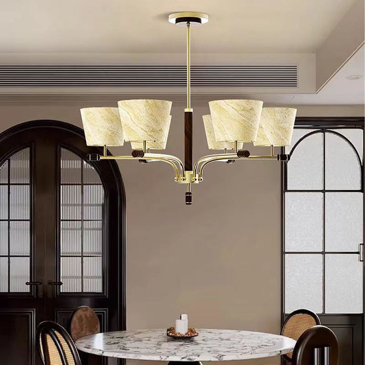 Traditional Vintage Bowl-Shaped Brass Walnut Fabric 6/8/10-Light Chandelier For Living Room