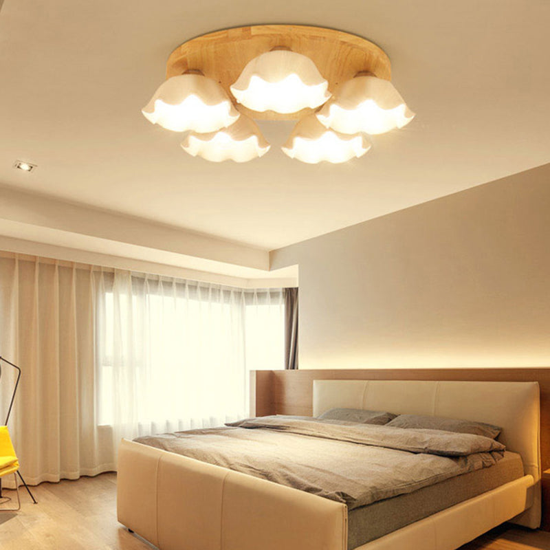 Contemporary Scandinavian Flower Rubberwood Ceramic 3/5-Light Semi-Flush Mount Light For Entryway