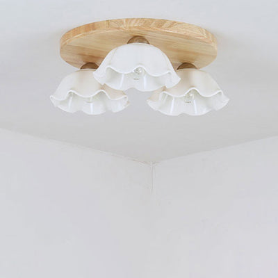 Contemporary Scandinavian Flower Rubberwood Ceramic 3/5-Light Semi-Flush Mount Light For Entryway