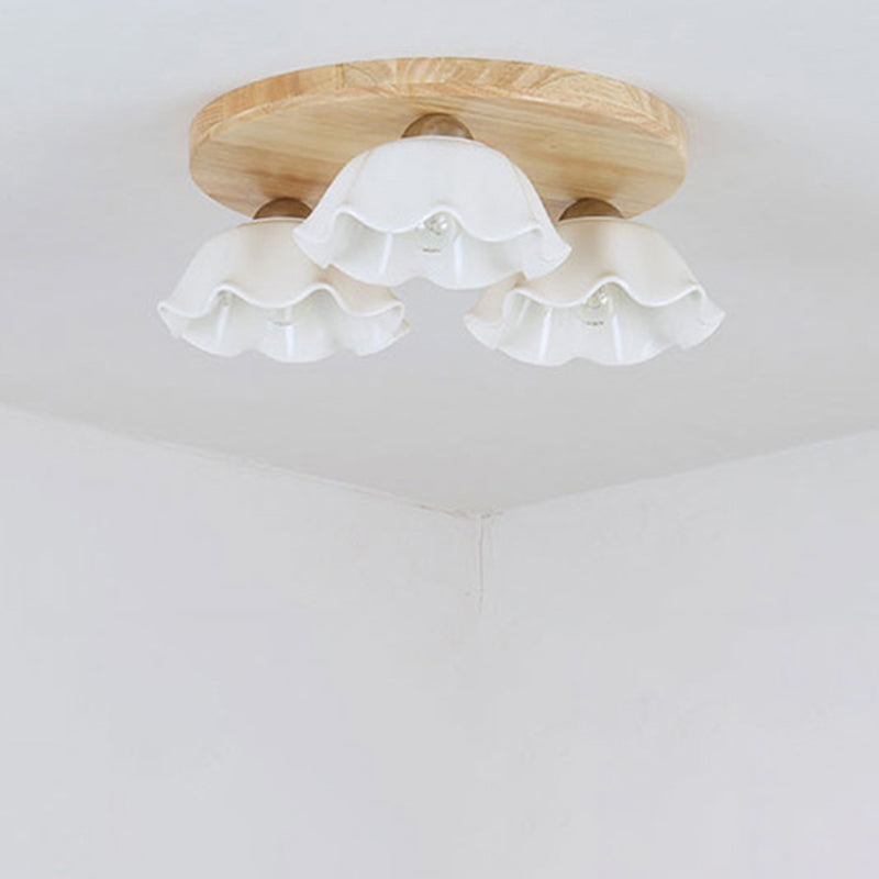 Contemporary Scandinavian Flower Rubberwood Ceramic 3/5-Light Semi-Flush Mount Light For Entryway