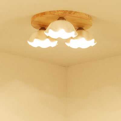 Contemporary Scandinavian Flower Rubberwood Ceramic 3/5-Light Semi-Flush Mount Light For Entryway