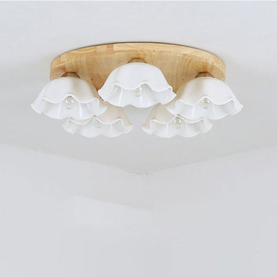 Contemporary Scandinavian Flower Rubberwood Ceramic 3/5-Light Semi-Flush Mount Light For Entryway
