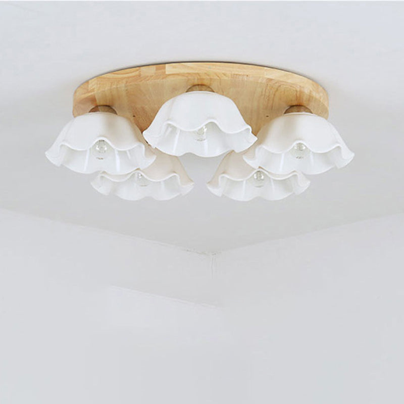 Contemporary Scandinavian Flower Rubberwood Ceramic 3/5-Light Semi-Flush Mount Light For Entryway