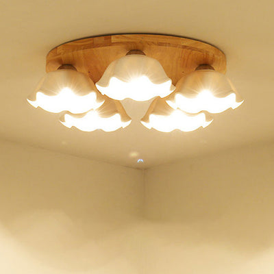 Contemporary Scandinavian Flower Rubberwood Ceramic 3/5-Light Semi-Flush Mount Light For Entryway