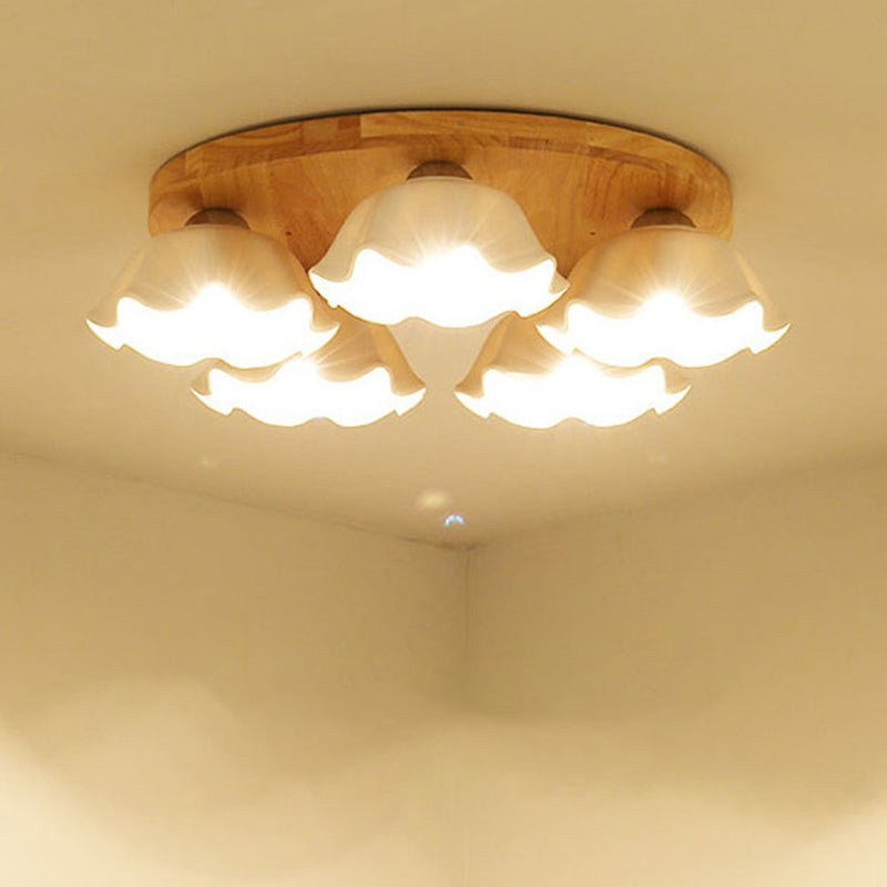 Contemporary Scandinavian Flower Rubberwood Ceramic 3/5-Light Semi-Flush Mount Light For Entryway