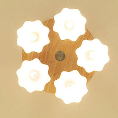 Contemporary Scandinavian Flower Rubberwood Ceramic 3/5-Light Semi-Flush Mount Light For Entryway