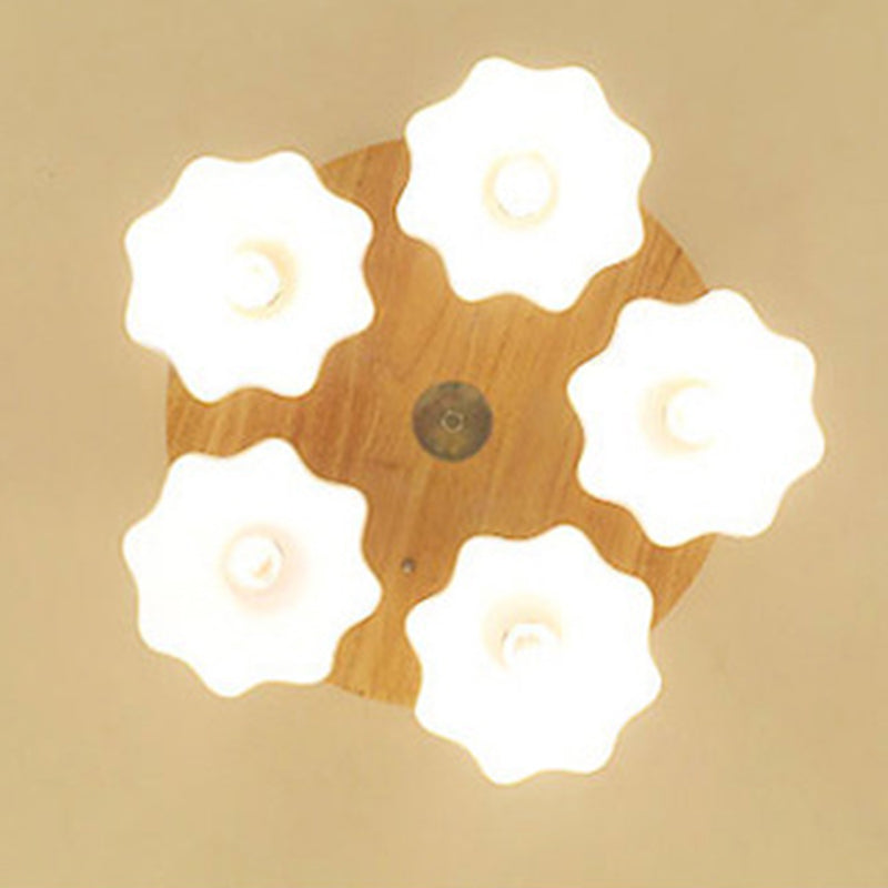 Contemporary Scandinavian Flower Rubberwood Ceramic 3/5-Light Semi-Flush Mount Light For Entryway