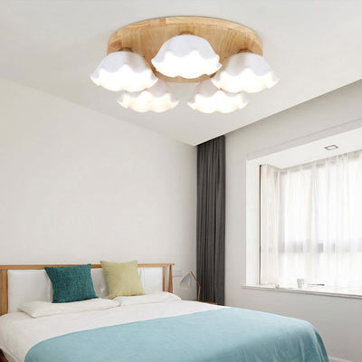 Contemporary Scandinavian Flower Rubberwood Ceramic 3/5-Light Semi-Flush Mount Light For Entryway