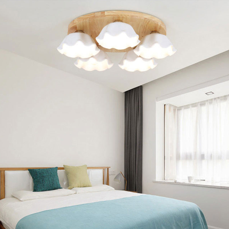 Contemporary Scandinavian Flower Rubberwood Ceramic 3/5-Light Semi-Flush Mount Light For Entryway