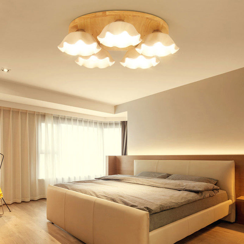 Contemporary Scandinavian Flower Rubberwood Ceramic 3/5-Light Semi-Flush Mount Light For Entryway