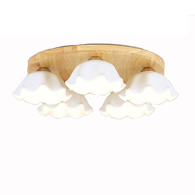 Contemporary Scandinavian Flower Rubberwood Ceramic 3/5-Light Semi-Flush Mount Light For Entryway