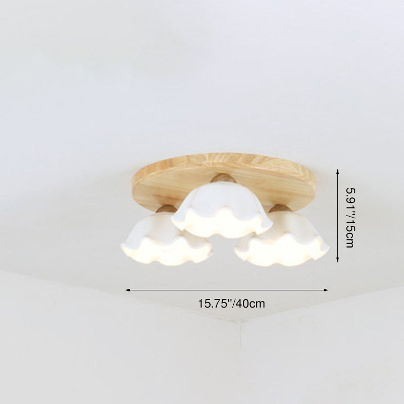 Contemporary Scandinavian Flower Rubberwood Ceramic 3/5-Light Semi-Flush Mount Light For Entryway