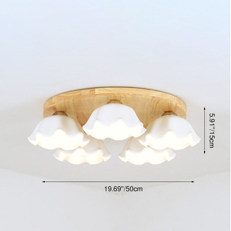 Contemporary Scandinavian Flower Rubberwood Ceramic 3/5-Light Semi-Flush Mount Light For Entryway