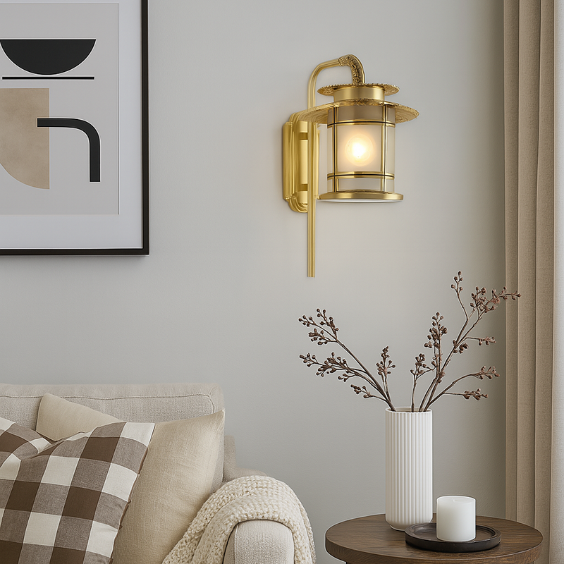 Traditional Chinese Eave Lantern Copper Soldered Glass 1-Light Wall Sconce Lamp For Hallway
