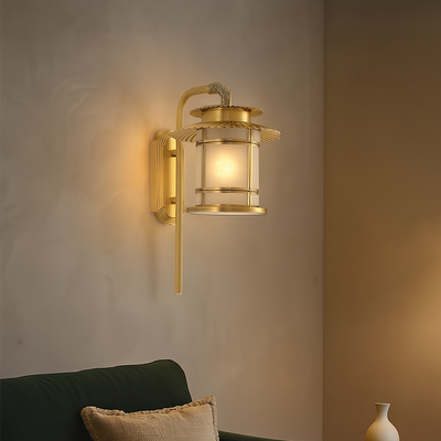 Traditional Chinese Eave Lantern Copper Soldered Glass 1-Light Wall Sconce Lamp For Hallway