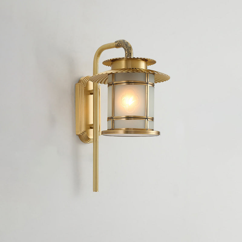 Traditional Chinese Eave Lantern Copper Soldered Glass 1-Light Wall Sconce Lamp For Hallway