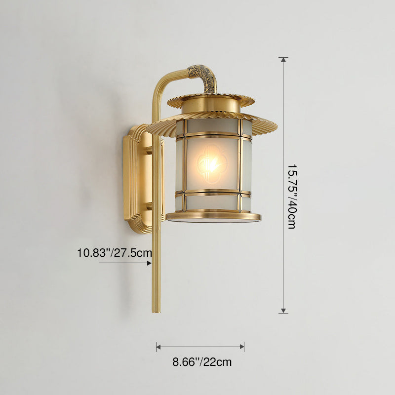 Traditional Chinese Eave Lantern Copper Soldered Glass 1-Light Wall Sconce Lamp For Hallway