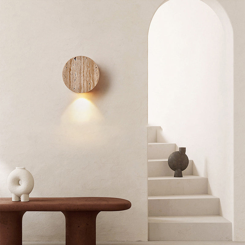 Modern Minimalist Round Yellow Travertine 1-Light Wall Sconce Lamp For Hallway