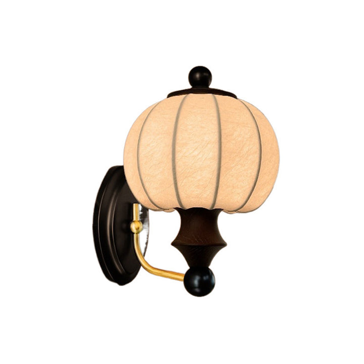 Traditional Vintage Round Ash Wood Faux Silk 1-Light Wall Sconce Lamp For Bedroom