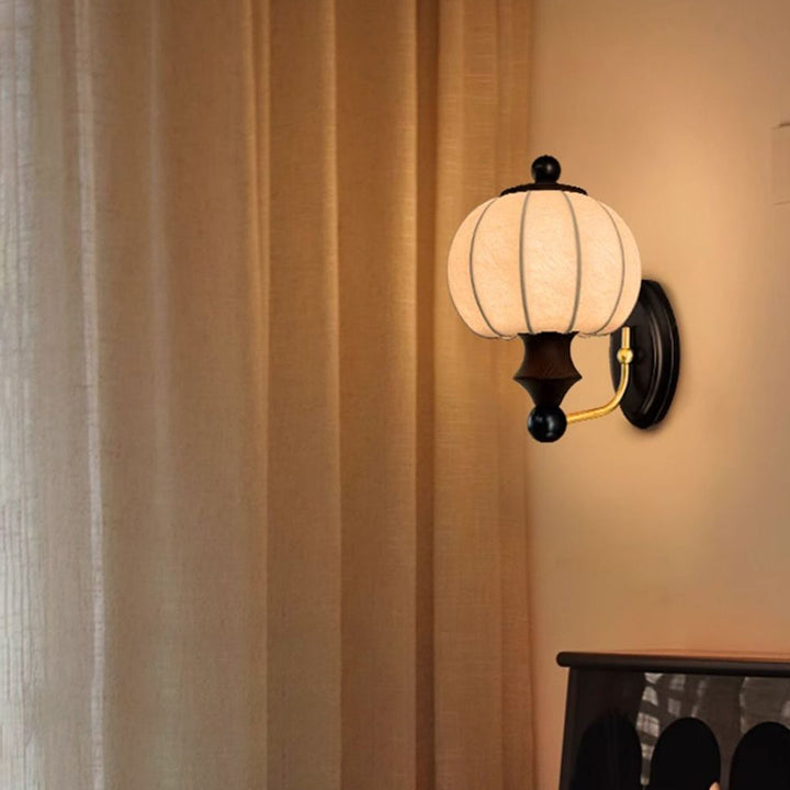 Traditional Vintage Round Ash Wood Faux Silk 1-Light Wall Sconce Lamp For Bedroom