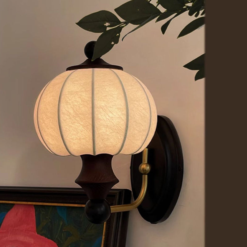 Traditional Vintage Round Ash Wood Faux Silk 1-Light Wall Sconce Lamp For Bedroom