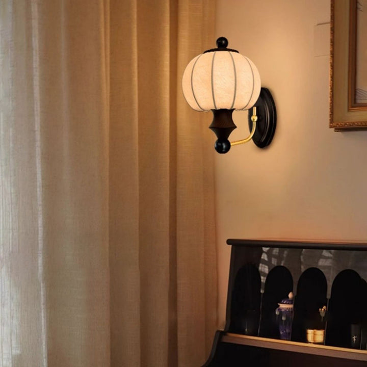 Traditional Vintage Round Ash Wood Faux Silk 1-Light Wall Sconce Lamp For Bedroom