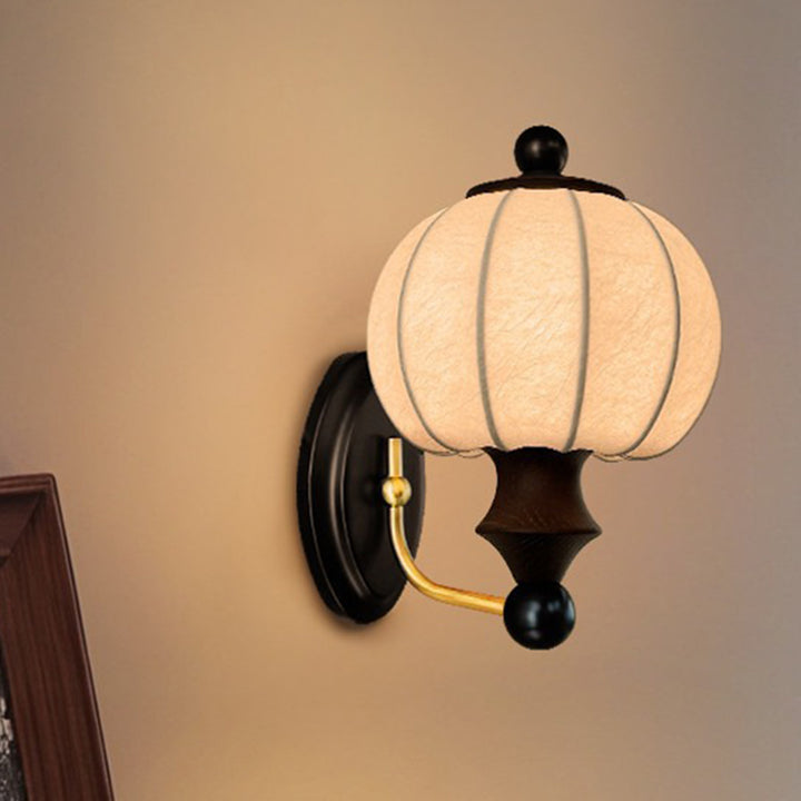 Traditional Vintage Round Ash Wood Faux Silk 1-Light Wall Sconce Lamp For Bedroom