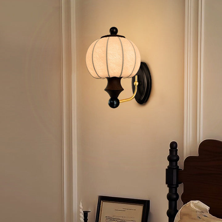 Traditional Vintage Round Ash Wood Faux Silk 1-Light Wall Sconce Lamp For Bedroom