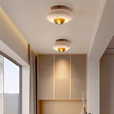 Traditional Japanese Oval Round Wood Yellow Travertine LED Semi-Flush Mount Ceiling Light For Entryway