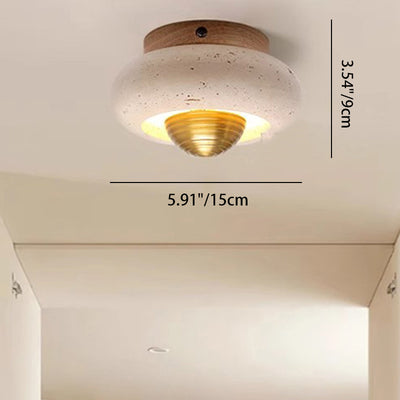 Traditional Japanese Oval Round Wood Yellow Travertine LED Semi-Flush Mount Ceiling Light For Entryway