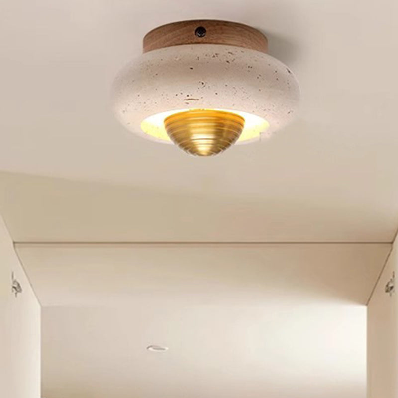 Traditional Japanese Oval Round Wood Yellow Travertine LED Semi-Flush Mount Ceiling Light For Entryway