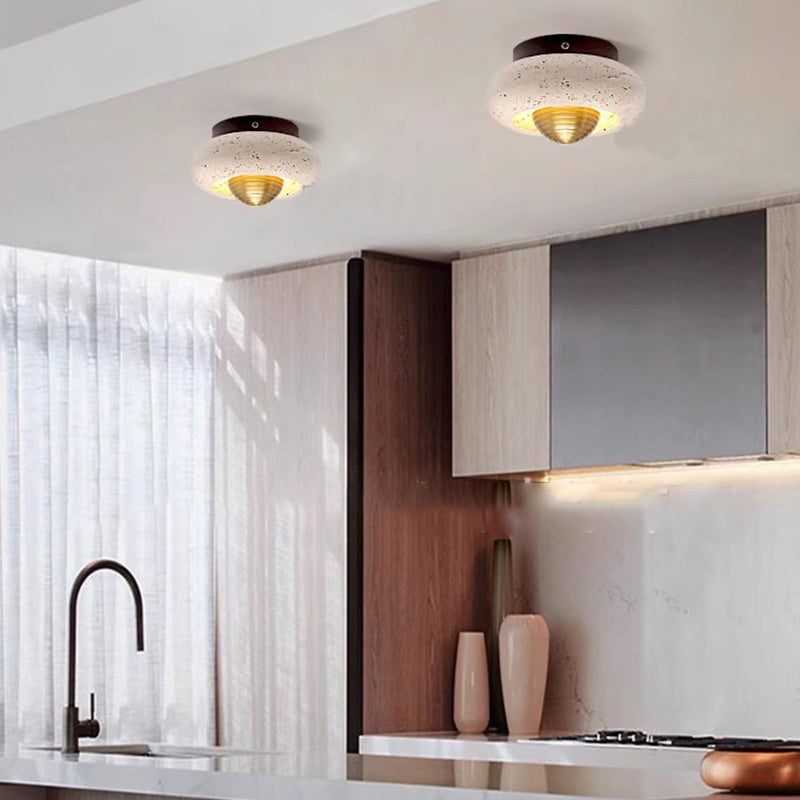 Traditional Japanese Oval Round Wood Yellow Travertine LED Semi-Flush Mount Ceiling Light For Entryway