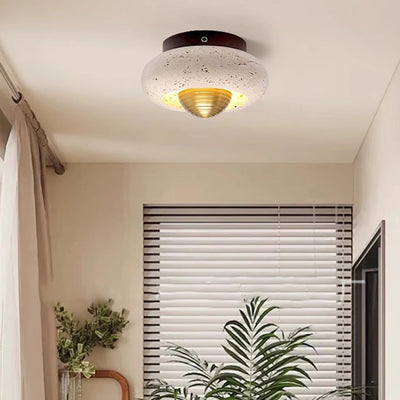 Traditional Japanese Oval Round Wood Yellow Travertine LED Semi-Flush Mount Ceiling Light For Entryway