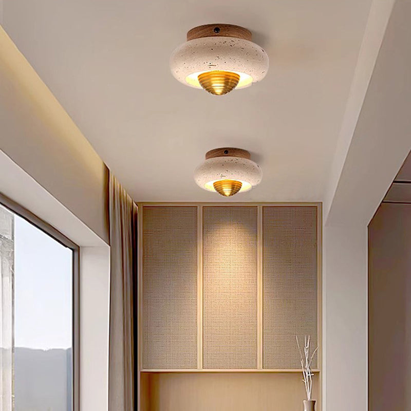 Traditional Japanese Oval Round Wood Yellow Travertine LED Semi-Flush Mount Ceiling Light For Entryway