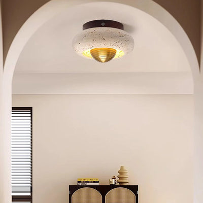Traditional Japanese Oval Round Wood Yellow Travertine LED Semi-Flush Mount Ceiling Light For Entryway