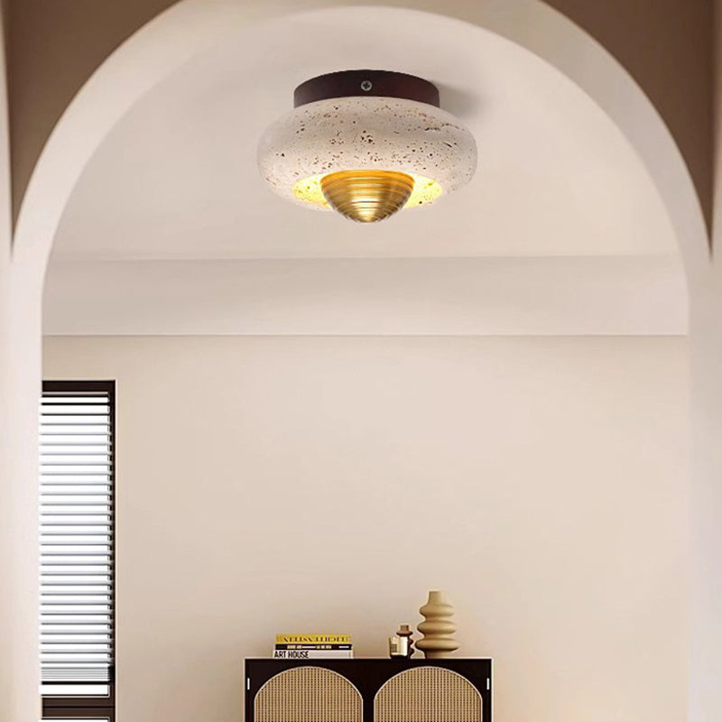 Traditional Japanese Oval Round Wood Yellow Travertine LED Semi-Flush Mount Ceiling Light For Entryway